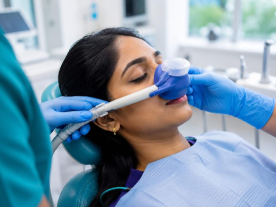 Patient receiving nitrous oxide sedation during a dental visit