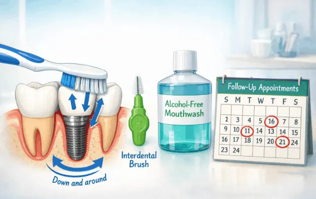 Oral hygiene care around a dental implant