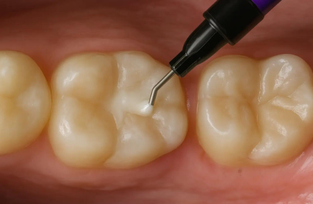 Dental sealant being applied to a molar to help prevent cavities