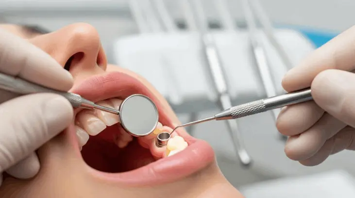 Dentist examining a patient's teeth during a dental implant consultation
